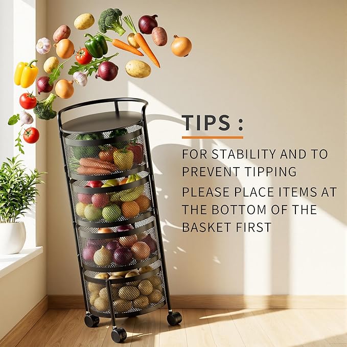 JAQ No Assembly Kitchen Storage Cart with Wheels, 4-Tier Rotating Vegetable & Onion Storage Rack, Metal Produce Organizer for Potato, Fruit and Pantry, Black