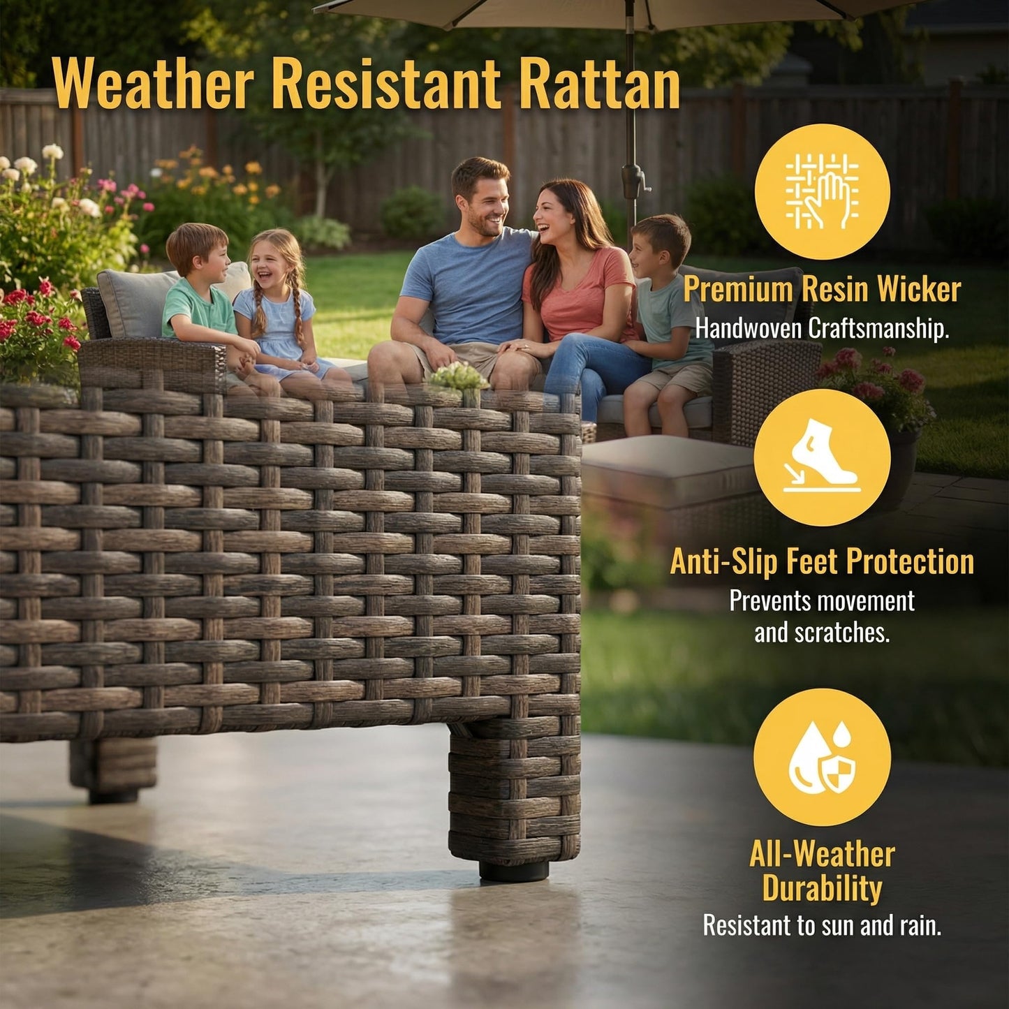 Wisteria Lane 7 Piece Patio Furniture Set, Wicker Patio Sectional with Wide Armrest, All Weather Outdoor Dining Set, Outdoor Furniture Patio Conversation Set with Ottoman, Grey
