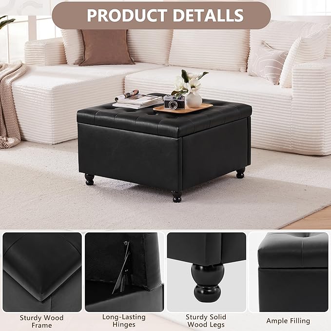 Weture Large Square Storage Ottoman Coffee Table, Oversized Square Ottoman with Storage, Tufted Upholstered Coffee Tables for Living Room (30 Inch,Leather, Black)