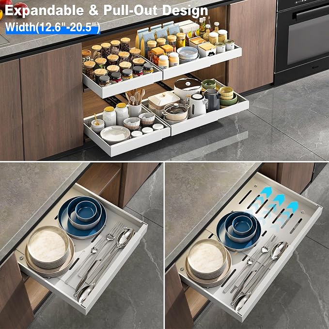 Mustorn 2 Pack Pull Out Cabinet Organizer, Expandable Slide Out Drawers for Kitchen Cabinets Peel and Stick Pullout Drawer Heavy Duty Sliding Shelves for Cupboard, Pantry, Bathroom(16.5" Deep, White)