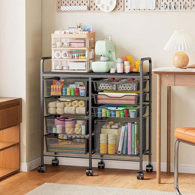 Aokitsink Rolling Cart with Drawers,8-Drawer Storage Cart with Wooden Tabletop and Lockable Wheels,Craft Storage & Art Supply Organizer,Letter-Size File Drawer for Classroom, Office & Home