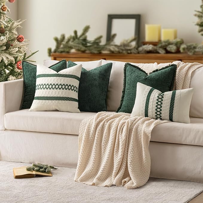 MIULEE Pack of 2 Pillow Covers 18x18 Inch Dark Green Farmhouse Decorative Throw Pillow Covers with Stitched Edge Soft Chenille Solid Dyed Couch Pillow Covers for Sofa Bed Living Room
