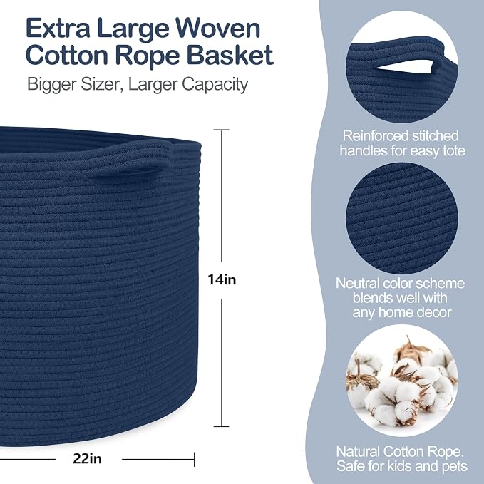 MEGASKET Dark Blue Basket for Organizing, 22" x 14" Extra Large Woven Cotton Rope Laundry Basket, Blanket Storage for Living Room Bedroom, Big Nursery Kids Toy Box Organizer, Pool Towel Storage Bin