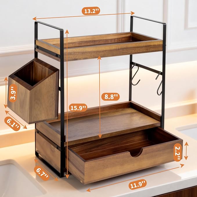 2-Tier Bathroom Counter Organizer with Drawer and Basket, Acacia Wood Countertop Organizer for Storage, Skincare Organizers for Vanity, Counter Shelf for Bathroom Organization(Acacia Wood-Dark Brown)