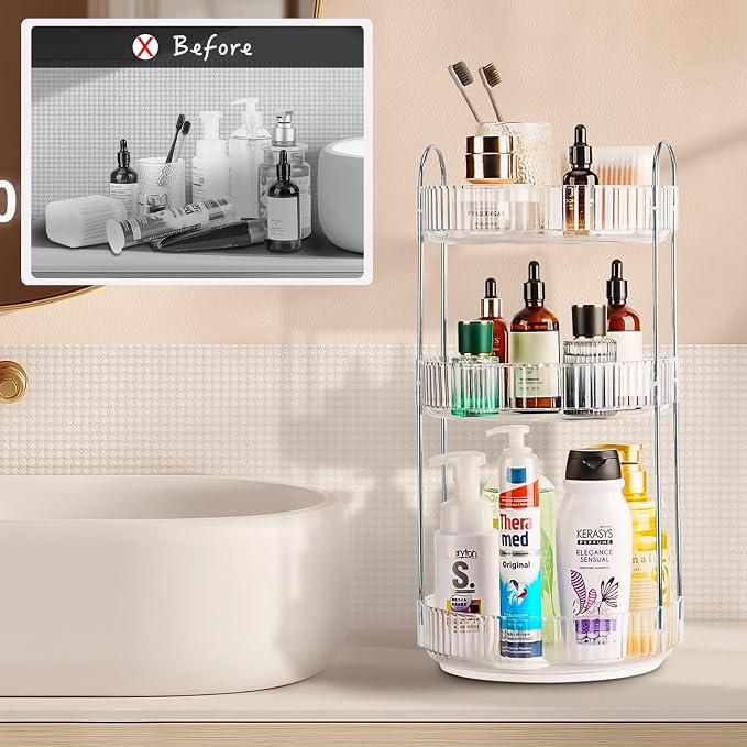360 Rotating Makeup Organizer, 3 Tier Large Capacity Lazy Susan Bathroom Counter Organizer, Skincare Organizers, Spinning Perfume Organizer & Vanity Organizer Countertop (Silver Clear, 3 Tier)
