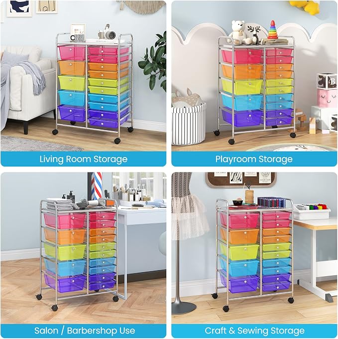 Giantex 15 Drawer Rolling Cart with Drawers, Storage Organizer Cart for Classroom Office School Teacher, Mobile Drawer Cart for Tools, Crafts, Small Printer, Paper (Clear Red+Orange+Green+Blue+Purple)