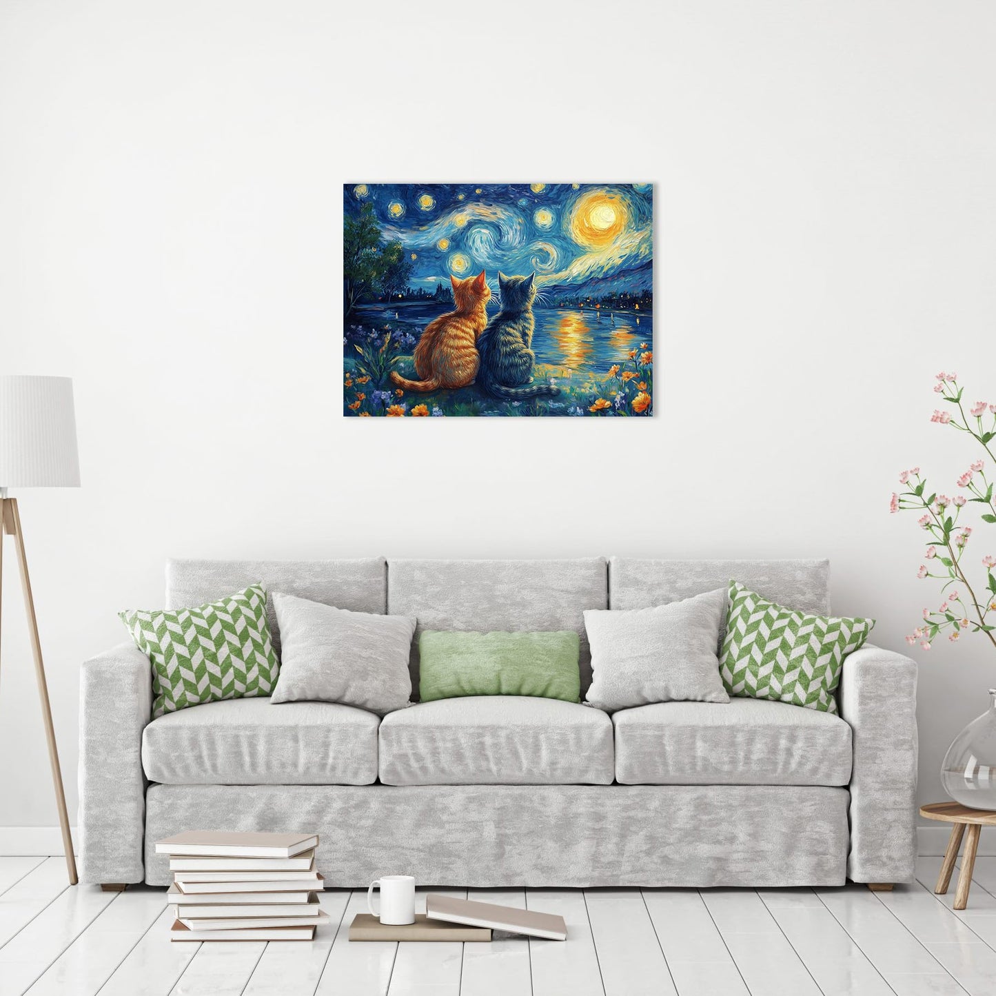 Ypxzzj Van Gogh Starry Night With Cartoon Cats Canvas Wall Art,Night Starry Pictures Paintings Wall Decor, Animal Cats Artworks for Bedroom Living Room Wall Decor Framed Ready to Hang