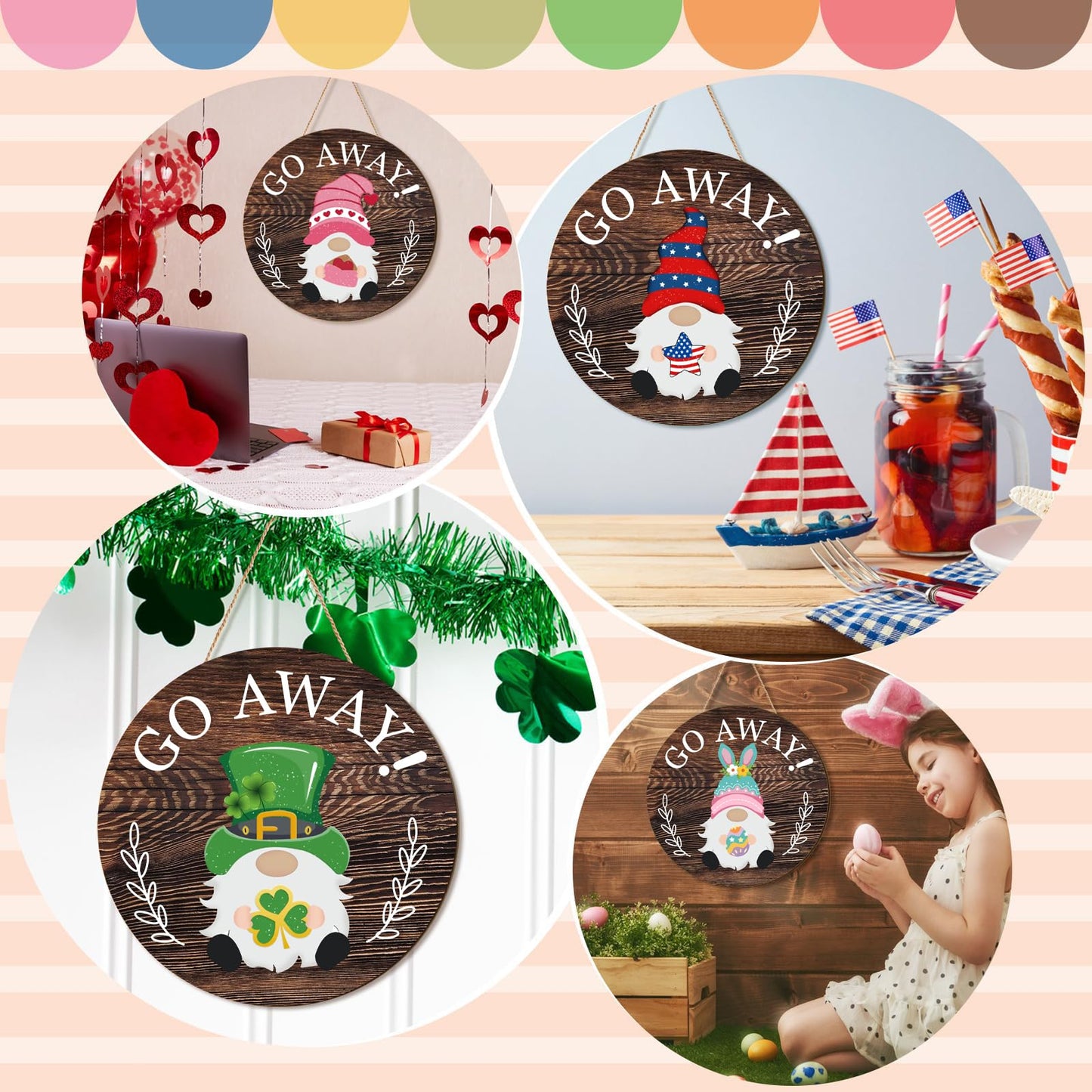 Easter Seasonal Gnome Wall Decor Set, 11.8 inch Wooden Round Sign with Interchangeable Holiday Hats, Go Away Door Hanging (Attractive)
