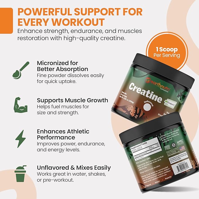 EarthNutri Creatine Monohydrate Powder - Pure Creatine Supplement for Muscle Strength, Strength & Performance – Non-GMO, Sugar-Free, Additive-Free – for Men & Women, Unflavored 250g