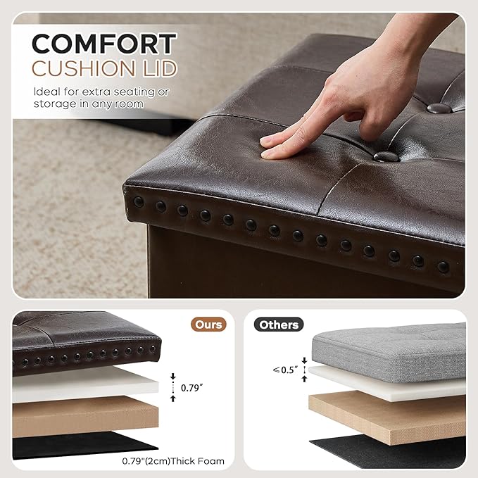 oakvivo 30 Inches Folding Storage Ottoman Bench, Ottoman PU Leather Tuffed End of Bed Bench, Foot Rest with Rivet Design, Ottoman with Storage for Living Room, Bedroom, Entryway, Coffee Brown