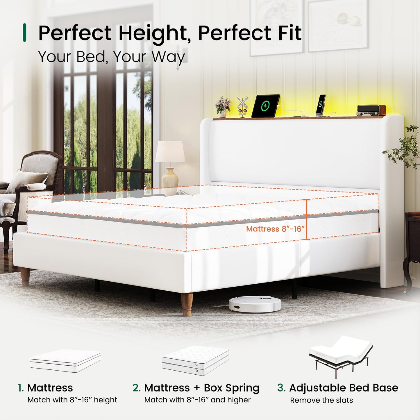 LARMACE Queen Size Bed Frame with LED Lights and Charging Station Linen Upholstered Platform Bed Frame with 51.2" Tall Headboard Wingback and Storage Shelf, No Box Spring Needed, Noise Free, Cream
