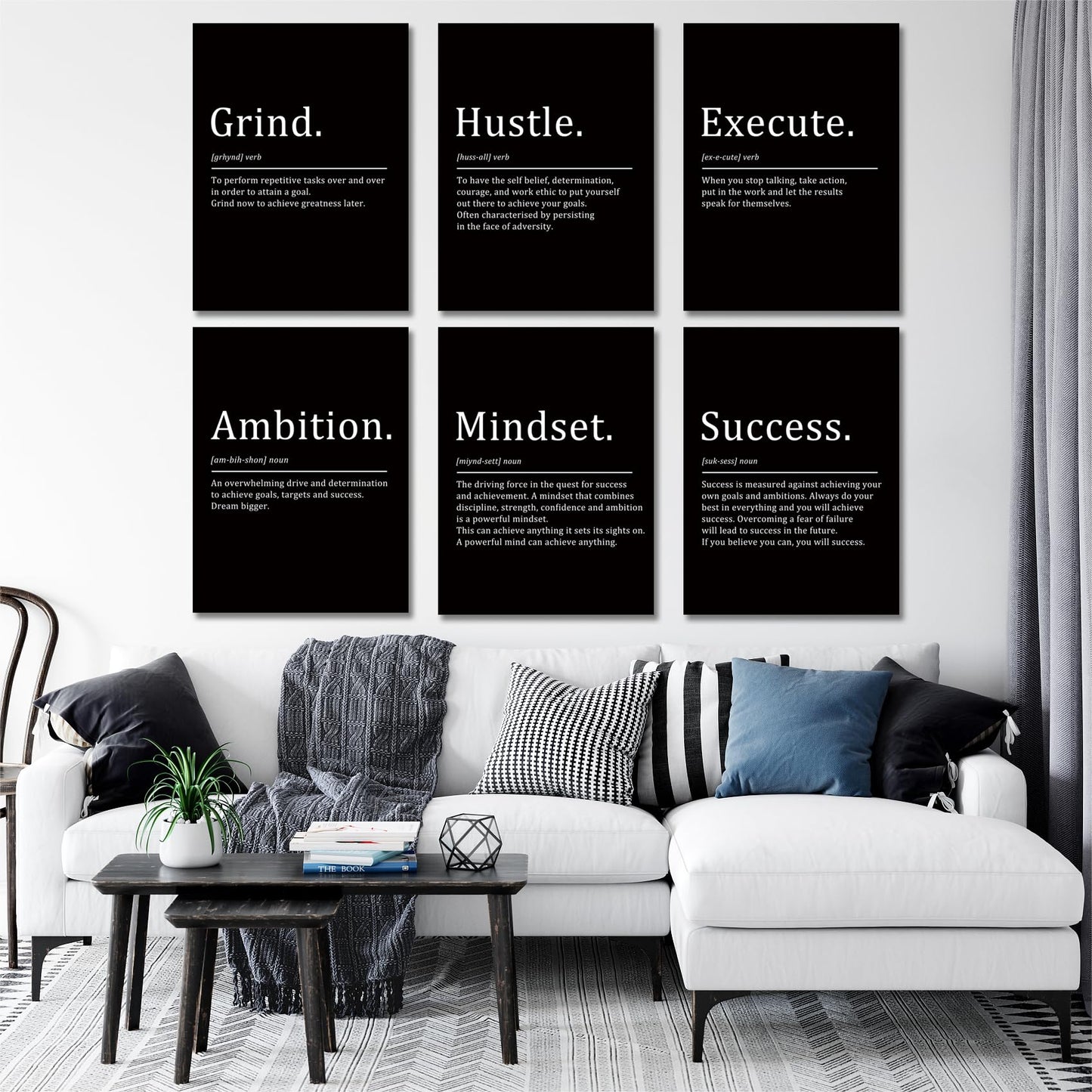COSCTOR Set of 6 Grind Hustle Execute Ambition Mindset Success Motivational Wall Art Picture Decor Canvas Framed for Office Bedroom Inspirational Home Posters Paintings Ready to Hang(Framed,9x12)