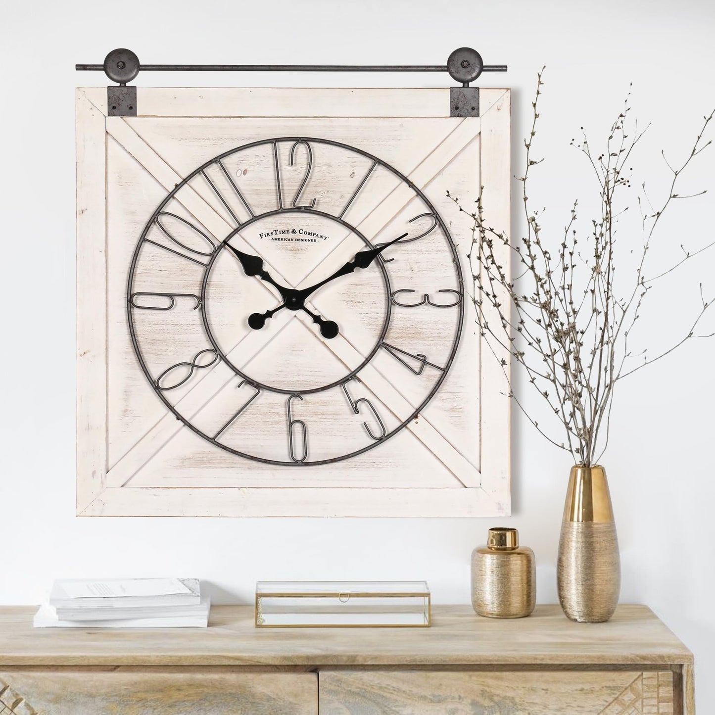 Oakrain Rustic Large Wall Clock, Classic Vintage Hanging Clock, Silent Non-Ticking Square Wall Clock for Living Room Bedroom Office, Numeral, Distressed White, 27''x29''