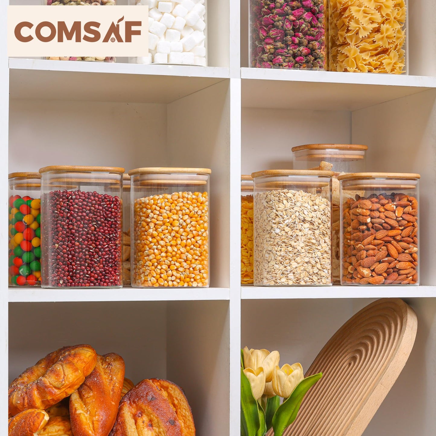 ComSaf 1.2 Qt Glass Storage Containers with Lids, Glass Jars with Lids, Clear Food Storage Jar, Square Canister Set of 9, Pantry Organizers and Storage for Cookie Flour Oat Pasta Tea Coffee Bean