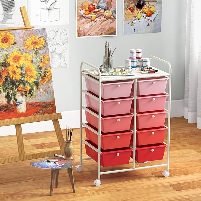 Giantex 10 Drawers Rolling Cart, Classroom Organizers, Storage Cart with Wheels, for Teacher Office Home School Supplies Tool Craft Art Paper, Pink Gradient