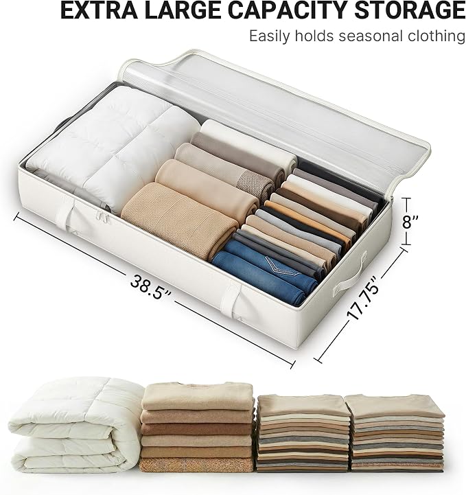 TidyCorner 2-Pack Under Bed Storage Containers, 8 Inches Tall Underbed Clothes Storage Organizer Bin with Sturdy Sidewalls/Bottom, Under the Bed Storage Bags 2 Storage Bins, Beige
