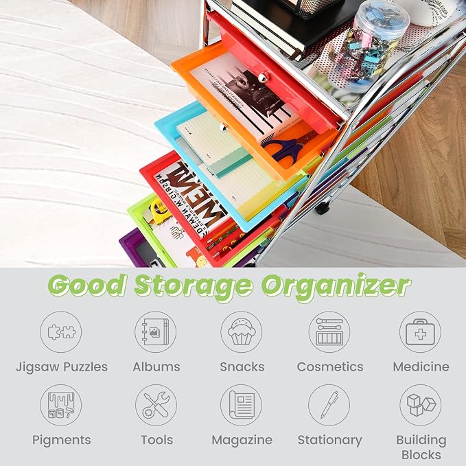 COSTWAY 10-Drawer Rolling Storage Cart, Utility Mobile Trolley with Removable Drawers & Universal Casters & 2 Brakes, Versatile Flexible Drawer Organizer Cart for Home, Office (Multi-Colored)
