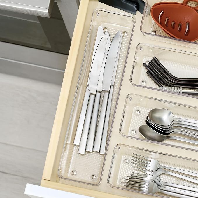 iDesign Plastic Drawer Organizer Bins - Storage for Kitchen, Bathroom, and Desk Drawers - Set of 3 - Clear