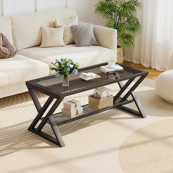 Wolawu Glass Coffee Table Living Room Table with Storage Shelf, Grey Glass Table Simple Modern Rectangular Tables with Sturdy Black Metal Frame,Industrial Glass Coffee Table for Bedroom Home Office