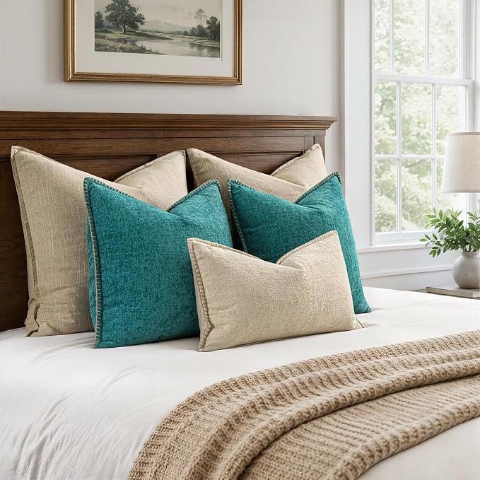 MIULEE Pack of 2 Lumbar Throw Pillow Covers 12x20 Inch Beige Farmhouse Decorative Pillow Covers with Stitched Edge Soft Chenille Solid Dyed Pillow Covers for Couch Sofa Bed Living Room