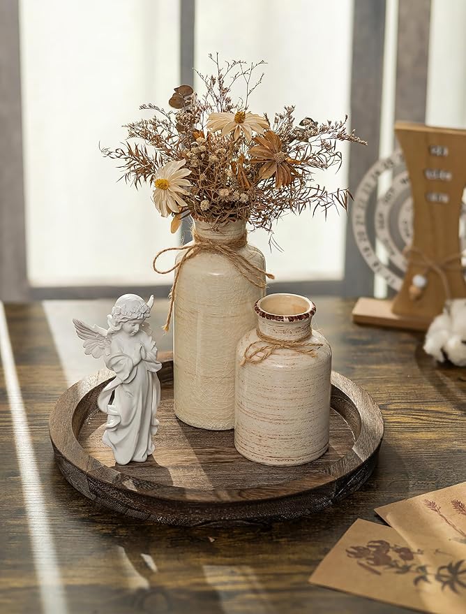 Hanobe Candle Plate Holder Tray: Round Wood Decorative Candle Plate - Rustic Farmhouse CoffeeTable Decor - Tealight Pillar Trays for Home Decor (Distressed)