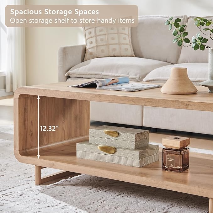 IFGET 48" Modern Coffee Table, 2-Tier Minimalist Center Table with Storage Shelf, Curved Profile Design, Wooden Rectangular Living Room Table w/Wood Thick Design for Living Room, Office, Natural Oak