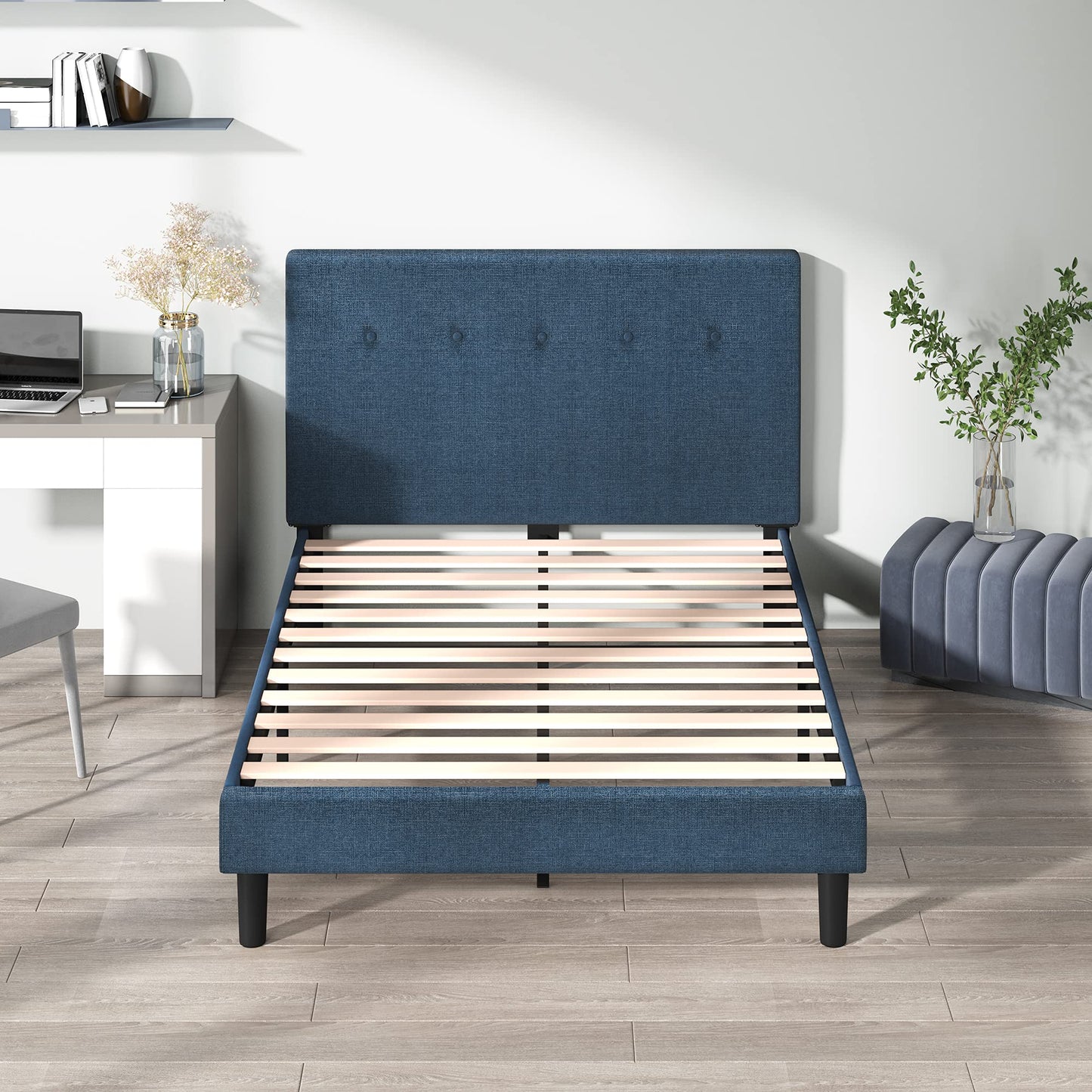 Zinus Omkaram Upholstered Platform Bed Frame, Mattress Foundation, Wood Slat Support, No Box Spring Needed, Easy Assembly, Queen