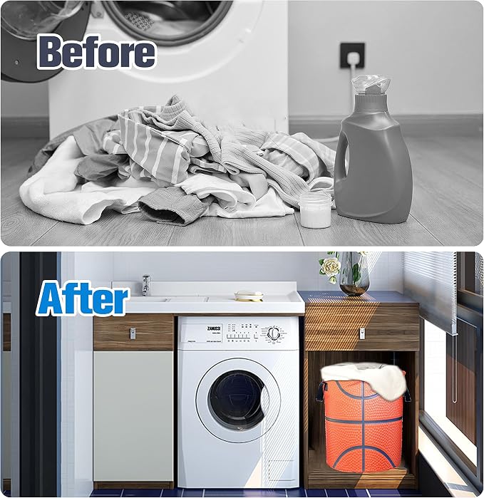 Basketball Texture Laundry Basket Ball Foldable Waterproof Oxford Cloth Funny Tote Bag Laundry Hamper Clothes Storage Bucket Organizer For Bathroom/Laundry Storage/Bedroom 18.9x16.5 Inch
