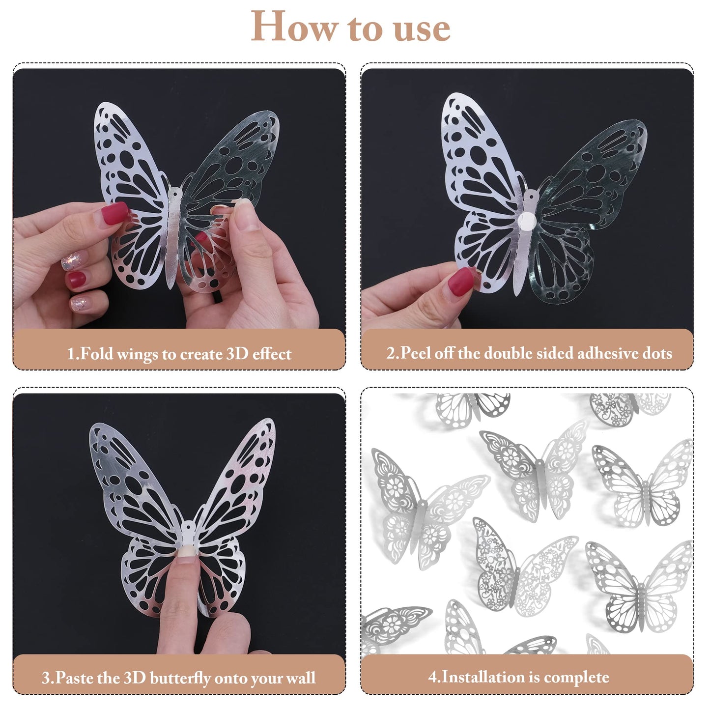 3D Butterfly Wall Stickers, 72Pcs 3 Sizes 3 Styles, Removable Metallic Wall Decals Fridge Sticker Room Mural Decoration for Kids Bedroom Nursery Classroom Party Wedding Decor DIY Gift (Sliver)