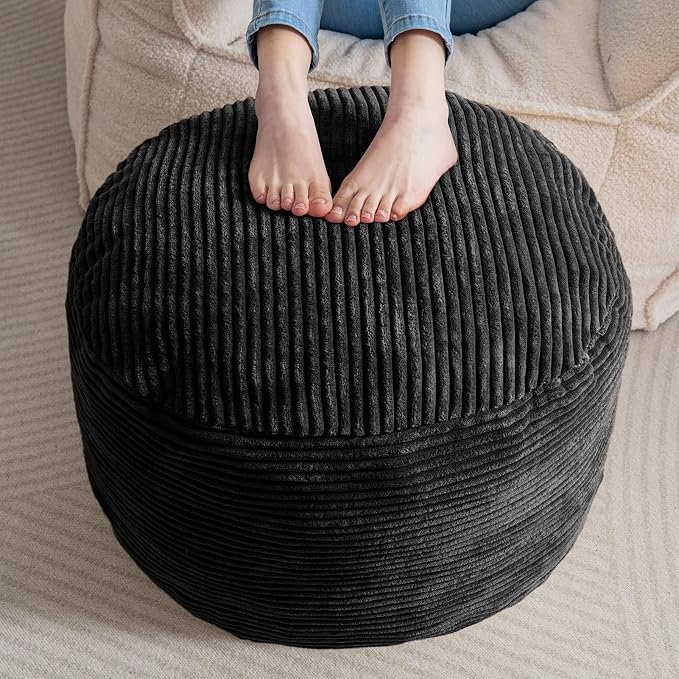HIGOGOGO Round Stuffed Pouf Ottoman, Corduroy Poufs with Foam Chunk Filling, Furry and Fluffy Pouf Foot Stool Storage Ottoman, 20 X 15 Floor Poufs Foot Rest for Living Room, Black
