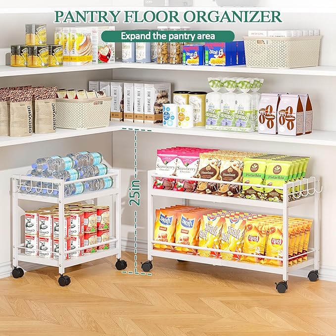 2 Pack 2-Tier Expandable Rolling Pantry Cart with Wheels, Adjustable Floor Organizer for Kitchen Pantry, Can Organizer for Pantry, Storage Cart for Snack, Food, Vegetables, White, Patent Pending