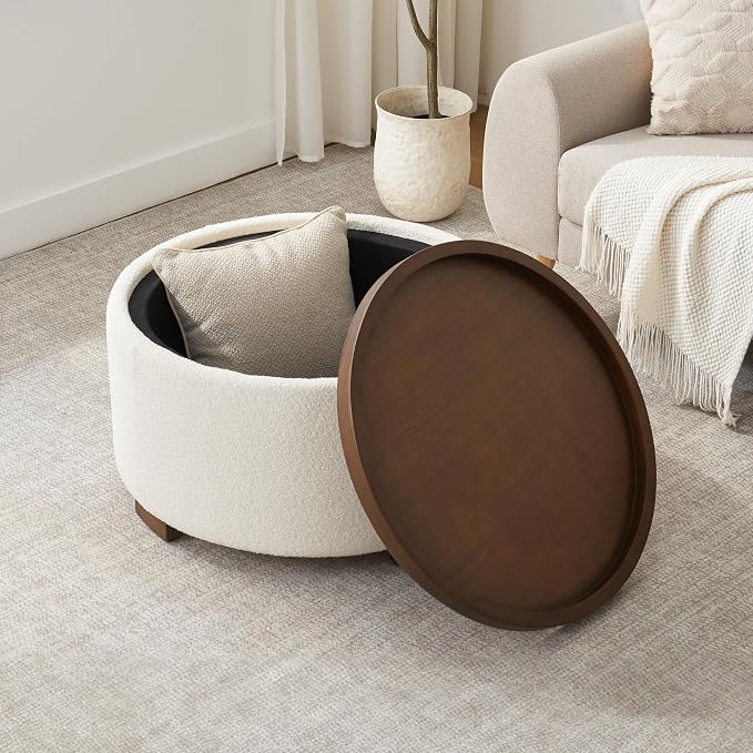 Zihanhome 30 Inch Round Storage Ottoman Coffee Table, Modern Boucle Ottoman with Lift-Off Lid and Solid Wood Legs for Living Room, Bedroom, Corners, Apartments (Beige)