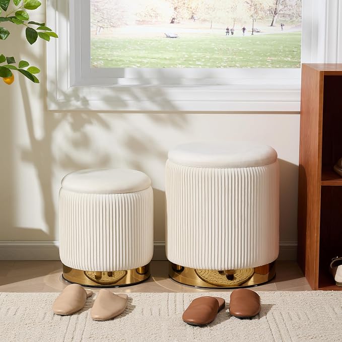 Royal Windsor Round Ottoman with Storage Set of 2, Vanity Stool with Storage for Bedroom, Ottoman Coffee Table Gold-Tone Ring Around The Base, Small Velvet Foot Stool for Living Room, Beige