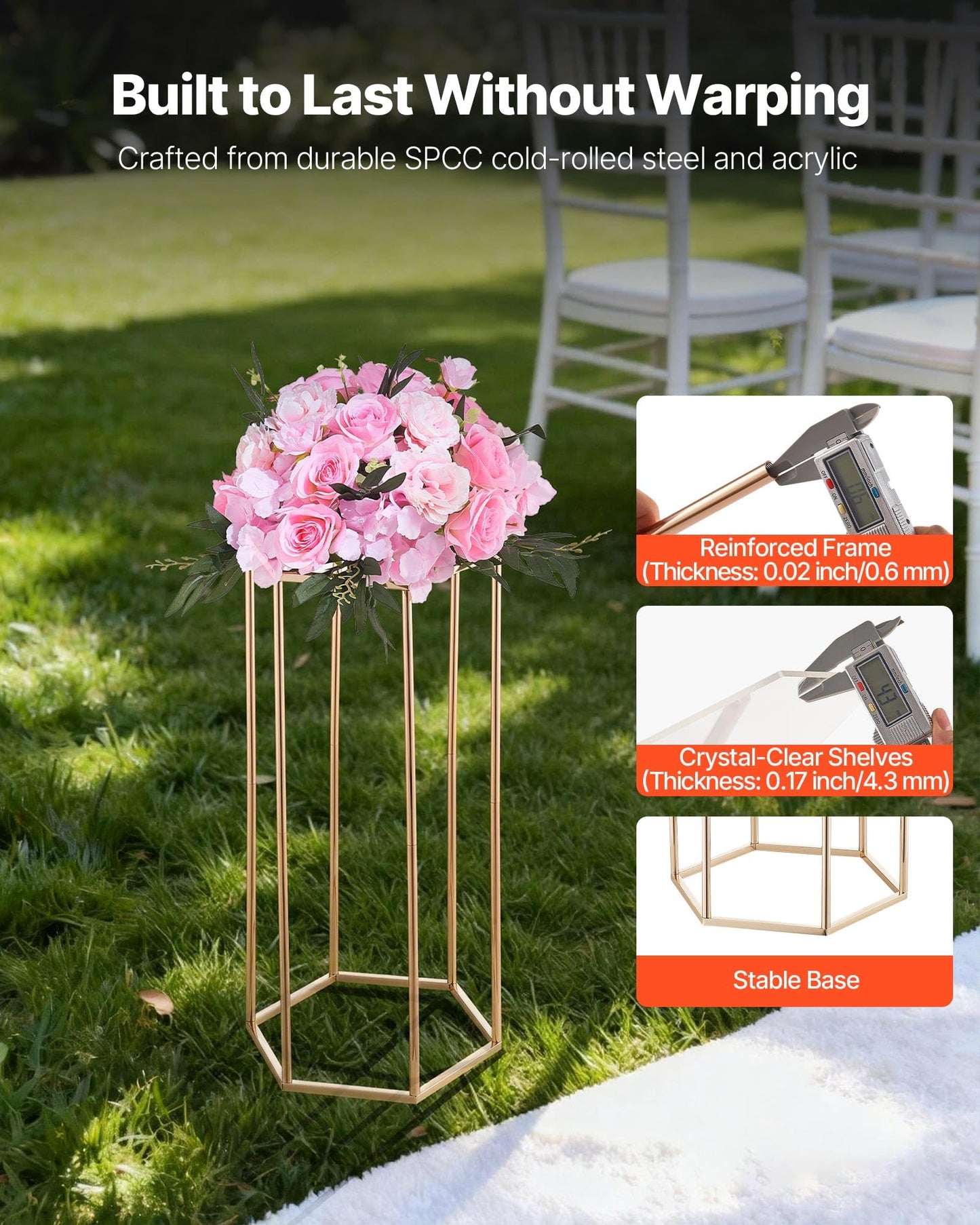 VEVOR Wedding Flower Stand, 10PCS 23.62-inch Column Flower Stand, Floral Stands with Acrylic Laminate, Hexagonal Cubic Floral Display Rack for Wedding, Party, Birthday, Home,French Gold Stands