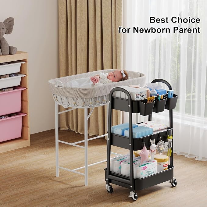 3 Tier Rolling Cart Metal with Wheels, Heavy Duty Three Tiered Rolling Storage Cart on Wheels, Black Utility Roller Carts Organizer for Baby, Art, Craft, Snack,Book, Nail, Diaper Caddy, Cleaning, Dorm