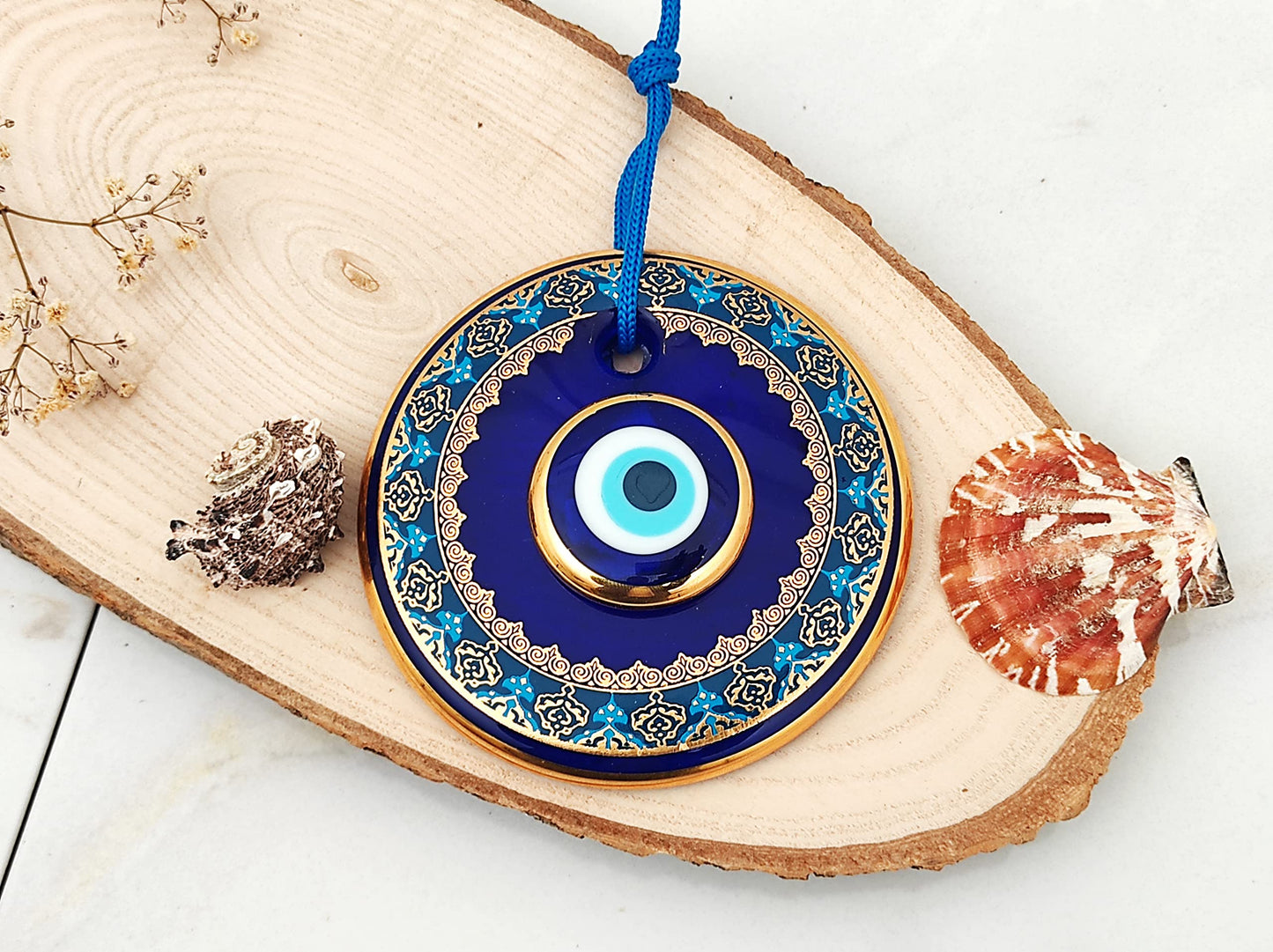 Erbulus 4.3" Glass Blue Evil Eye Wall Hanging Gold and Turquoise Floral Design Ornament – Turkish Nazar Bead - Home Protection Charm - Wall Art Amulet in a Box