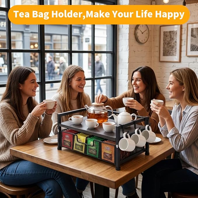 Tea Bag Organizer, Teabag Holder with Storage Drawer, Wood Tea Organizers and Storage Chest, Tea Station Chest Display Container Box for Countertop Kitchen (Grey)