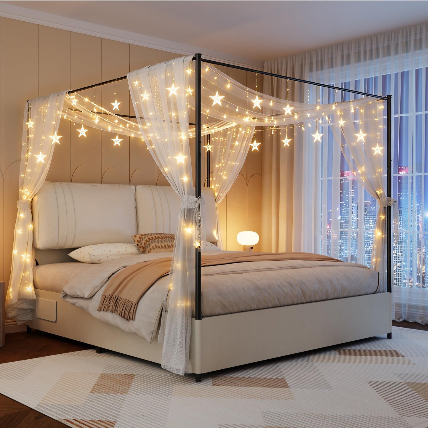 SAMTRA Modern Canopy Bed Frame with Upholstered Faux Leather Headboard – Tall Four Poster Metal Platform Bed, No Box Spring Needed, King Size, Rustic White