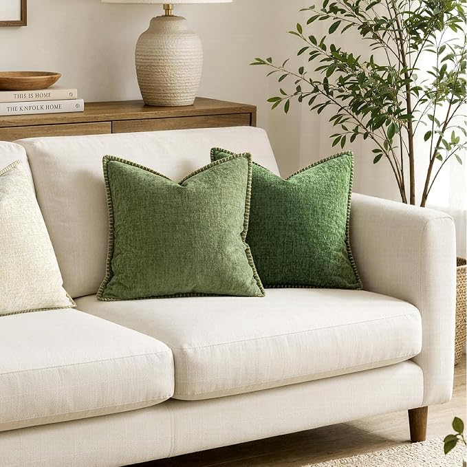 MIULEE Pack of 2 Couch Throw Pillow Covers 20x20 Inch Sage Green Farmhouse Decorative Pillow Covers with Stitched Edge Soft Chenille Solid Dyed Summer Pillow Covers for Sofa Bed Living Room