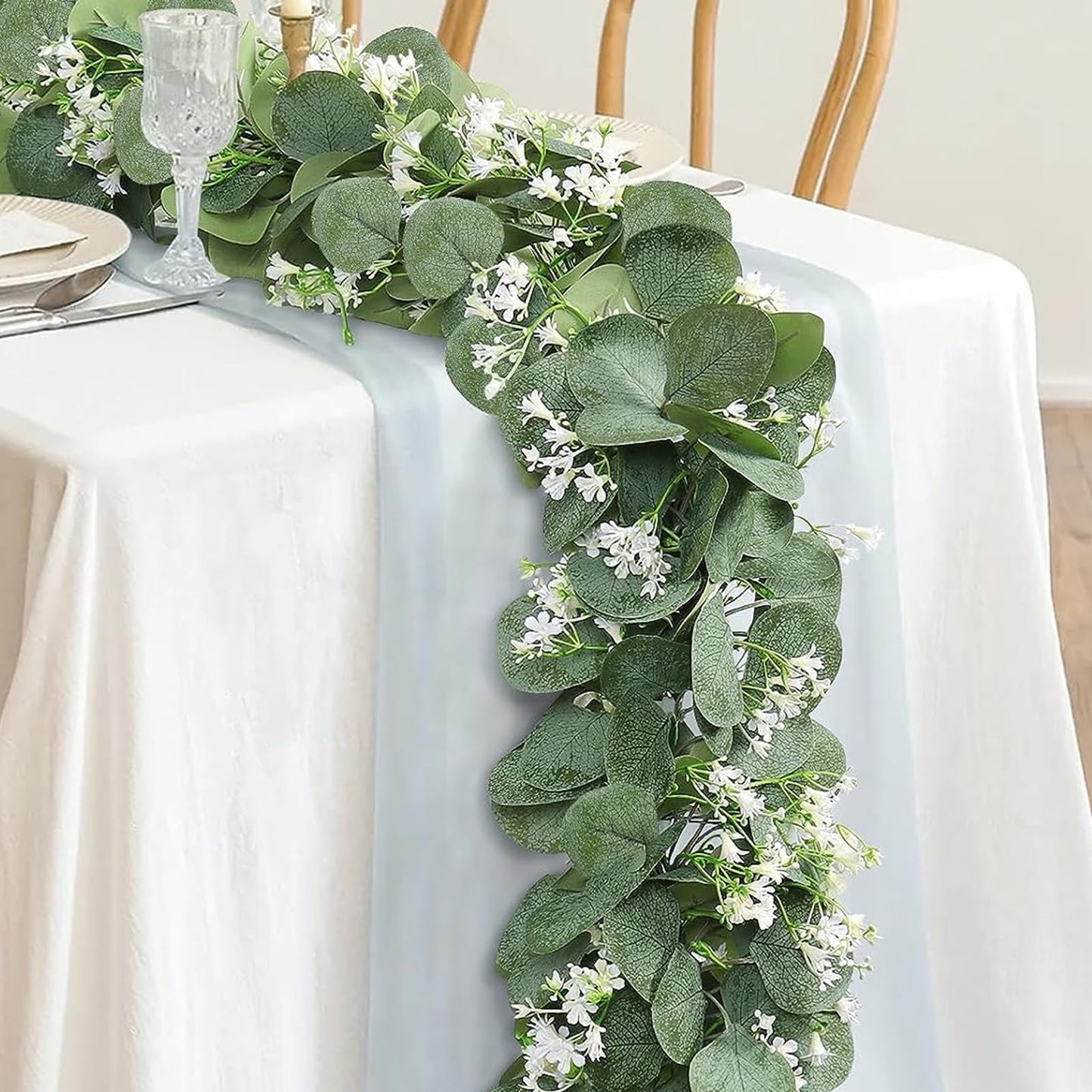 KHOYIME Eucalyptus Garland with White Flowers, 2 Packs 5.9Ft Artificial Silver Dollar Eucalyptus Leaves Plant Fake Greenery Hanging Ivy Vines Faux Wreath for Wedding Arch Party Mantle Table Home Decor
