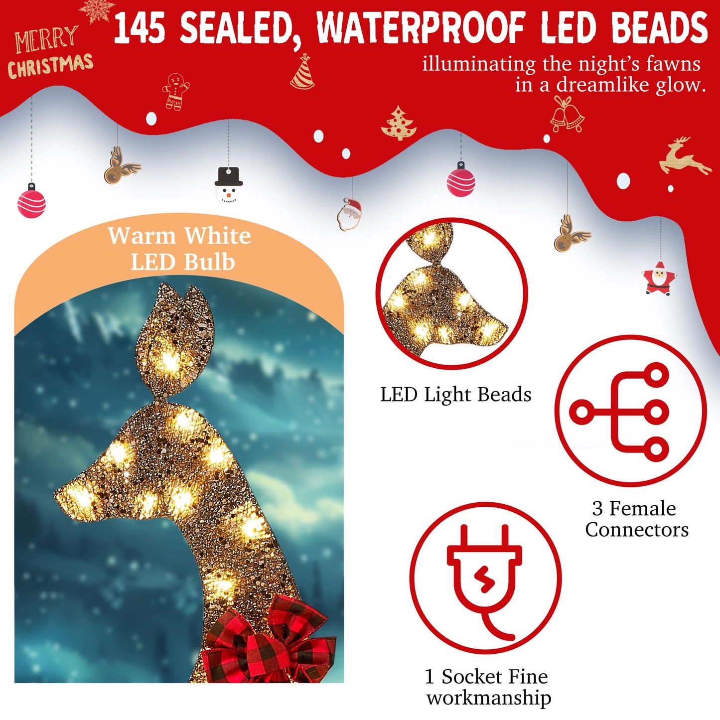 48 Inch 2.5D Gold Lighted Christmas Deer Decorations 3-Piece Outdoor Holiday Decorations Reindeer Set with 145 Warm White LEDs, Large Yard Display for Garden, Storefront