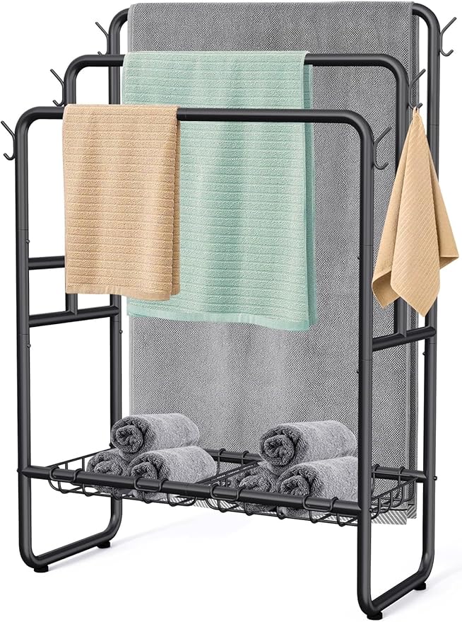 Kayfia 40" H Towel Rack Freestanding, 3-Tier Bath Towel Holder Stand with Storage Baskets & Hooks, Blanket Drying and Display Rack for Oversized Bath Towels, Metal Towel Rack Stand Indoor Outdoor