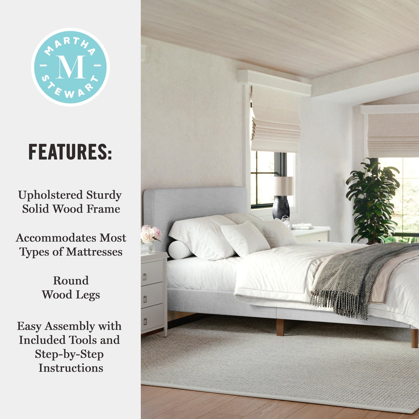 Martha Stewart Britta Platform Bed with Headboard & Footboard, Faux Linen Upholstery with Piping Detail, Rounded Headboard, No Box Spring Needed, Queen, Gray