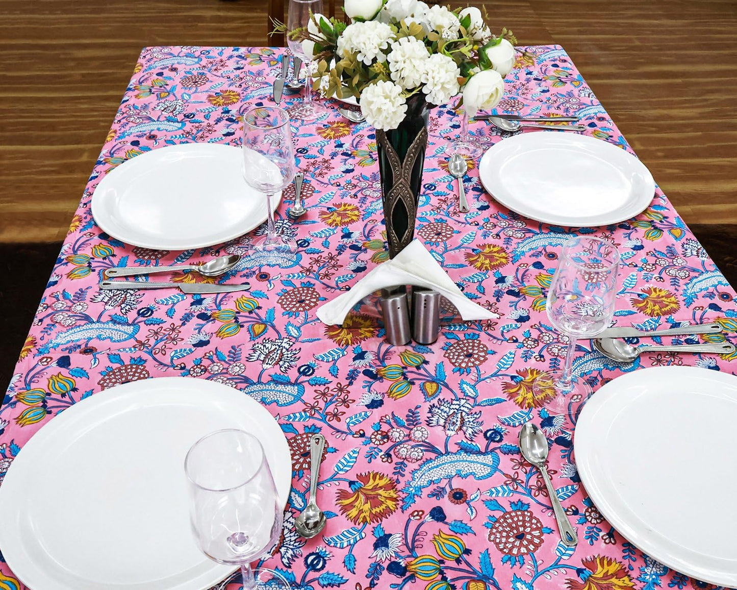 60x60 Inches Square Hand Block Printed Cotton Tablecloth, Pink Blue Floral Table Cloths Washable, Indian Table Linen for Valentine Thanksgiving Gifts Home Decor Dinning Outdoor