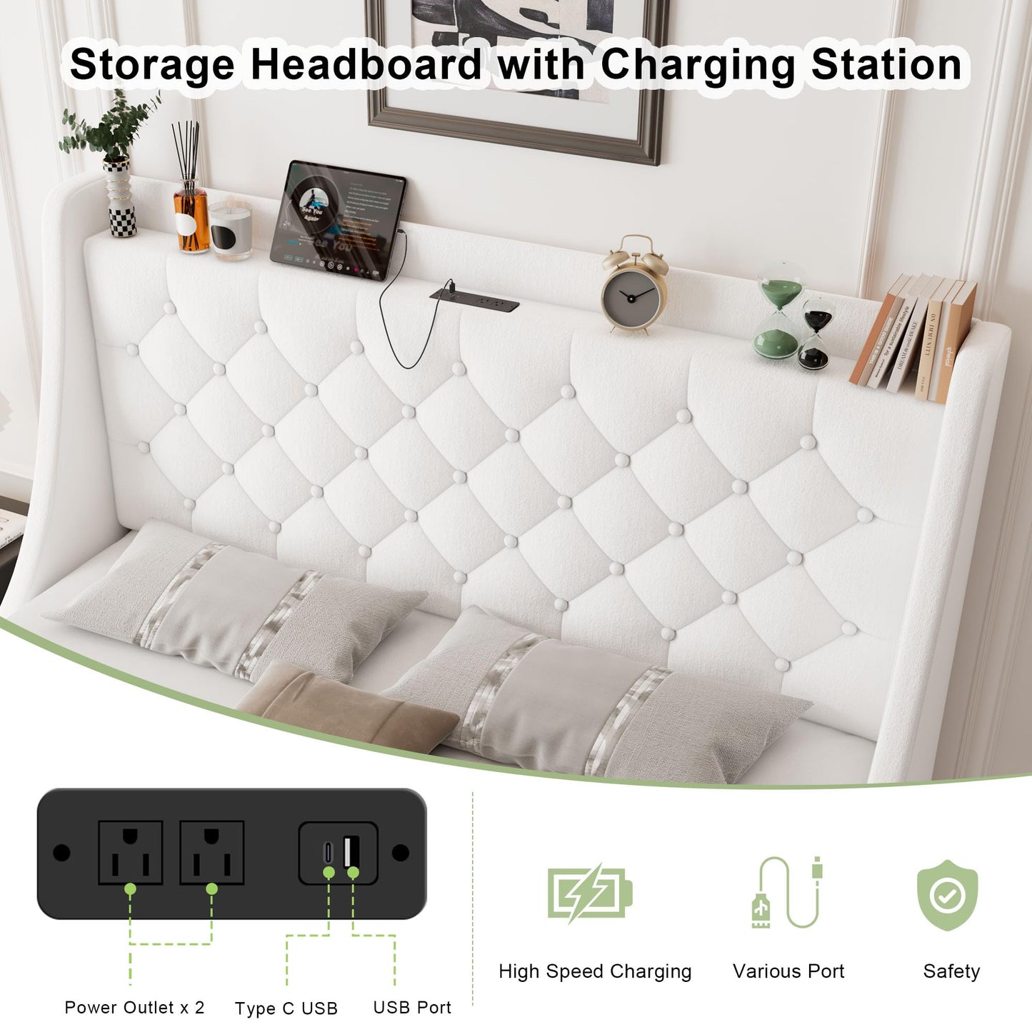 Feonase Upholstered Queen Size Bed Frame with 4 Storage Drawers, Charging Station, Tufted Wingback Storage Headboard, No Box Spring Needed, Easy Assembly, White
