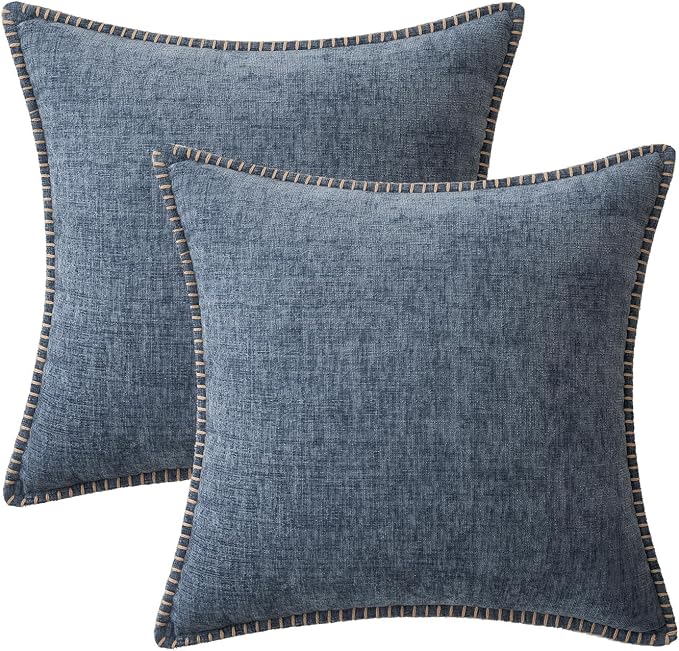 MIULEE Pack of 2 Couch Throw Pillow Covers 20x20 Inch Dark Grey Blue Farmhouse Decorative Pillow Covers with Stitched Edge Soft Chenille Solid Dyed Pillow Covers for Sofa Bed Living Room