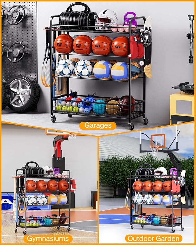 Garage Sports Equipment Organizer - Rolling Ball Storage Bin with Wheels, Garage Sports Gear Rack Outdoor Basketball Racks for Balls with Baseball Bat Holder and Hooks, Toy Organizer