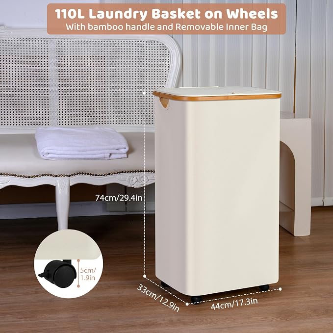 Laundry Hamper with Wheels,110L Laundry Basket with lid Rolling Clothes Basket Foldable Dirty Clothes Hamper on wheels with Bamboo Frame and Bag for Bedroom, Dorm, Laundry Room,Beige(29 Gal)