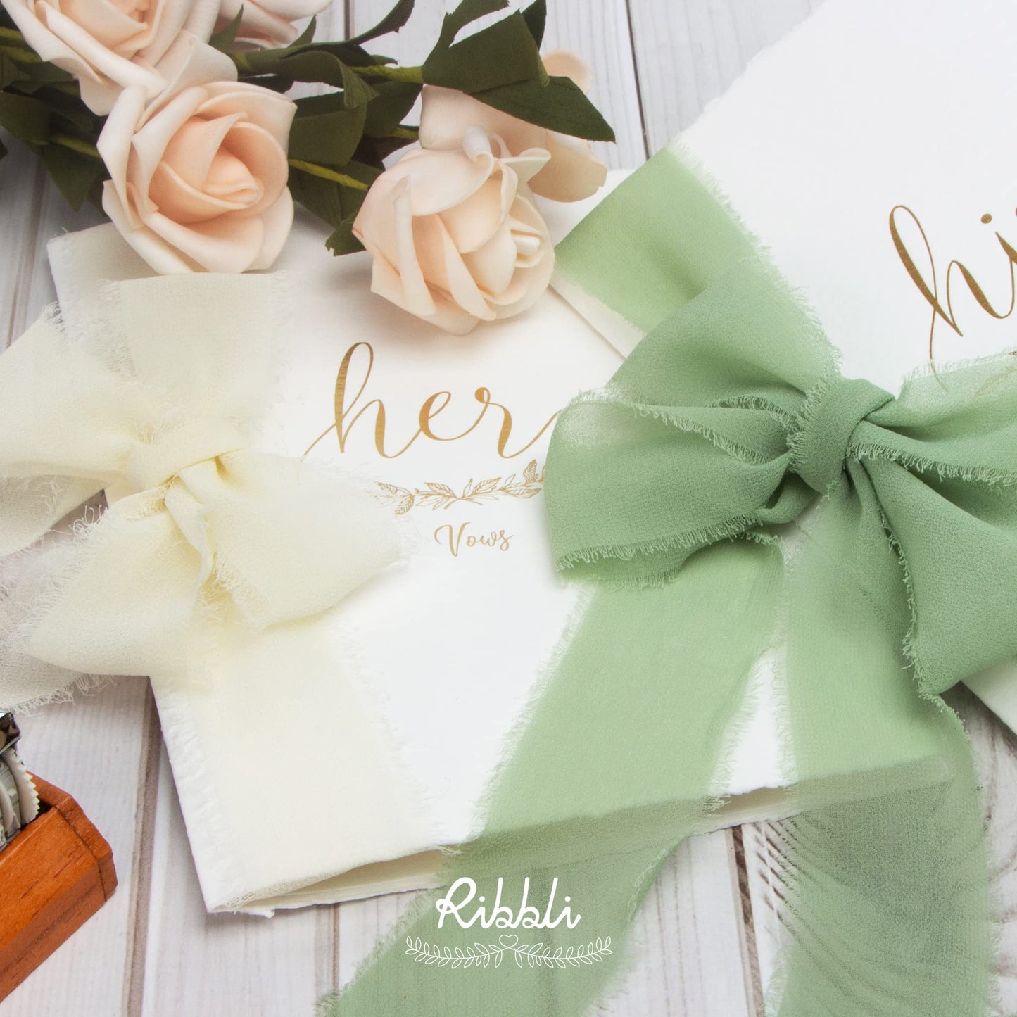 Ribbli Chiffon Ribbon 1.5 inch x 30 Yard Handmade Silk Ribbon, Ivory/Blush Pink/Sage Green Fringe Chiffon Ribbon for Wedding Invitations, Bridal Bouquets Wrapping, Flower Arrangement Decoration