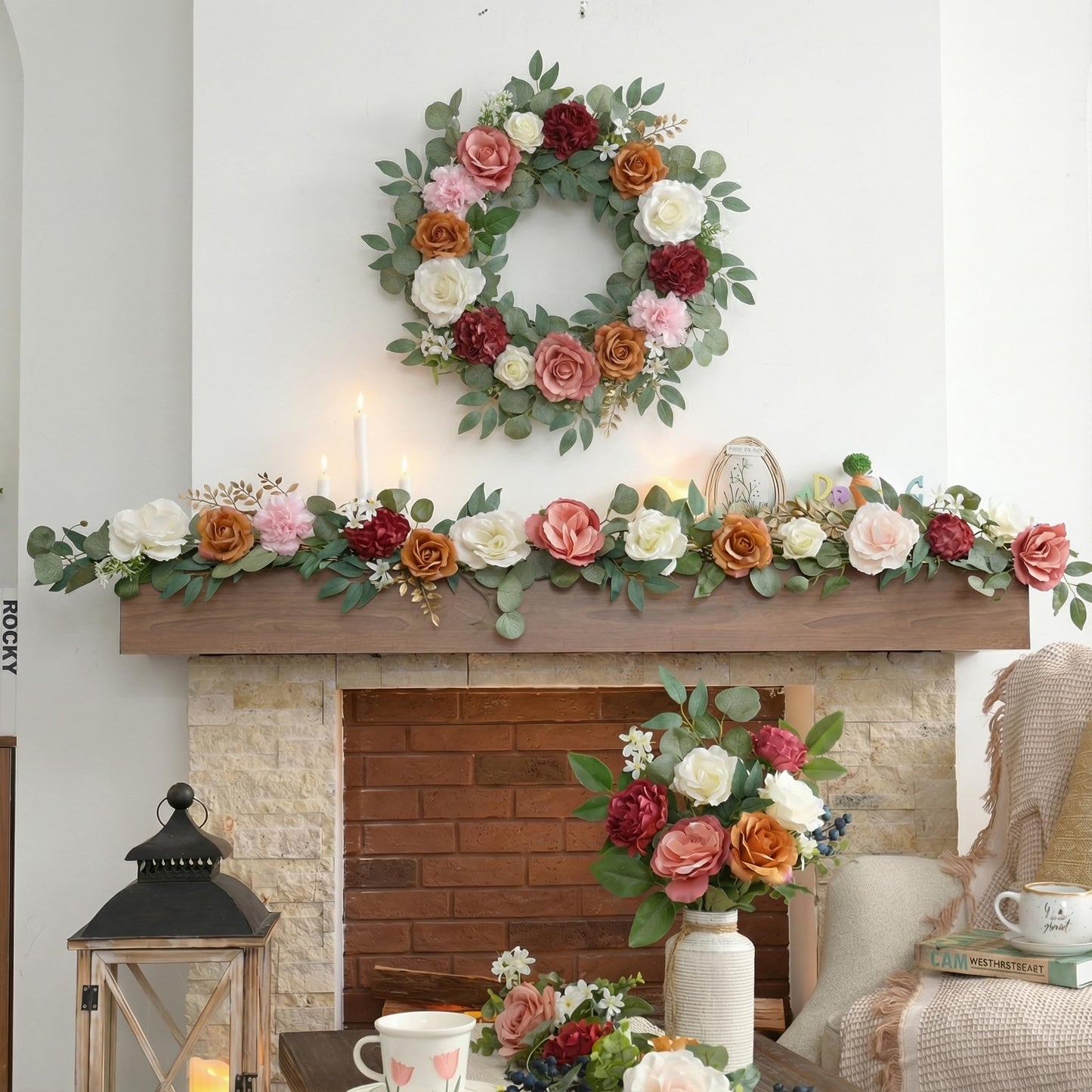 Valery Madelyn Pre-Lit Spring Flower Garland for Mantle with Lights, 6 feet Fake Roses Artificial Floral Vines Hanging Garland Decorations for Mothers Day Wedding Anniversary Party Table Home Decor